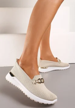 Beżowe Wsuwane Półbuty w Stylu Tenisówek Ozdobione Klamrą Wiatalia