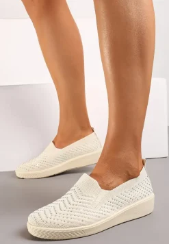 Beżowe Wsuwane Tenisówki ze Skarpetkową Cholewką z Cyrkoniami Siwina