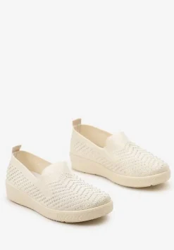 Beżowe Wsuwane Tenisówki ze Skarpetkową Cholewką z Cyrkoniami Siwina