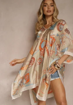 Beżowe Wzorzyste Ponczo z Wiskozy i Jedwabiu Pillifia