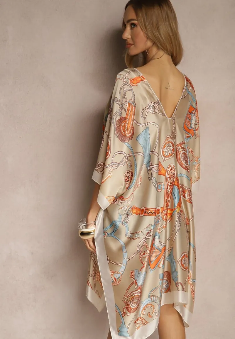 Beżowe Wzorzyste Ponczo z Wiskozy i Jedwabiu Pillifia