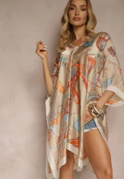 Beżowe Wzorzyste Ponczo z Wiskozy i Jedwabiu Pillifia