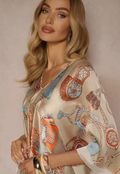 Beżowe Wzorzyste Ponczo z Wiskozy i Jedwabiu Pillifia