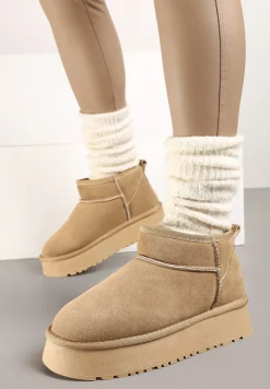 Beżowe Zamszowe Śniegowce na Grubej Podeszwie Mazinae