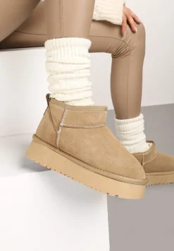 Beżowe Zamszowe Śniegowce na Grubej Podeszwie Mazinae