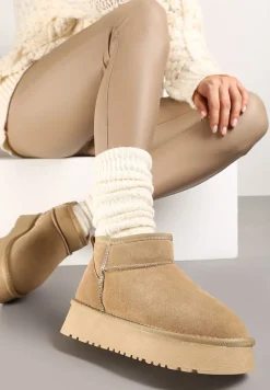 Beżowe Zamszowe Śniegowce na Grubej Podeszwie Mazinae