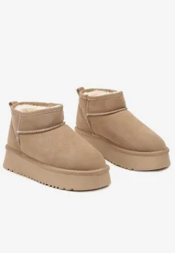 Beżowe Zamszowe Śniegowce na Grubej Podeszwie Mazinae