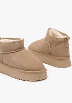 Beżowe Zamszowe Śniegowce na Grubej Podeszwie Mazinae