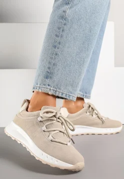 Beżowe Zamszowe Sneakersy z Wkładką ze Skóry Naturalnej Dolavienne