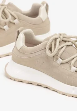 Beżowe Zamszowe Sneakersy z Wkładką ze Skóry Naturalnej Dolavienne