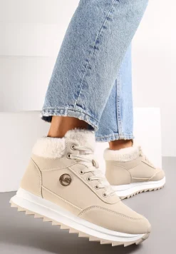 Beżowe Zimowe Sneakersy ze Sztucznym Futerkiem Turelia