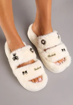 Beżowo-Białe Kapcie z Futerkiem na Grubej Podeszwie Ozdobione Aplikacjami 3D Riamaya