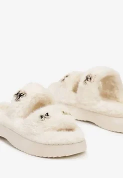 Beżowo-Białe Kapcie z Futerkiem na Grubej Podeszwie Ozdobione Aplikacjami 3D Riamaya