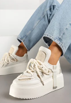 Beżowo-Białe Sneakersy na Platformie Ozdobione Sznurowaniem Vilvia