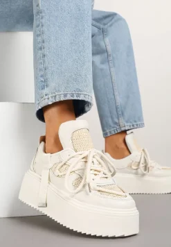 Beżowo-Białe Sneakersy na Platformie Ozdobione Sznurowaniem Vilvia