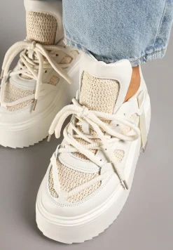Beżowo-Białe Sneakersy na Platformie Ozdobione Sznurowaniem Vilvia