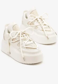 Beżowo-Białe Sneakersy na Platformie Ozdobione Sznurowaniem Vilvia