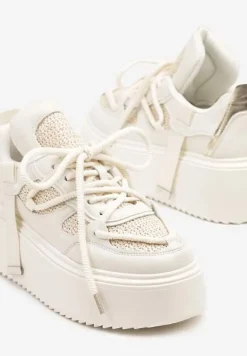 Beżowo-Białe Sneakersy na Platformie Ozdobione Sznurowaniem Vilvia