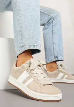 Beżowo-Białe Sneakersy Typu Kultowe Tenisówki Zdobione Paskami Nevellise