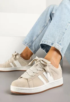 Beżowo-Białe Sneakersy Typu Kultowe Tenisówki Zdobione Paskami Nevellise
