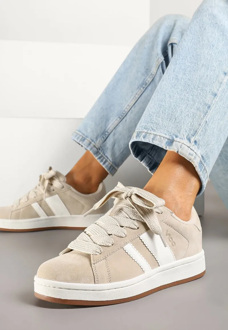 Beżowo-Białe Sneakersy Typu Kultowe Tenisówki Zdobione Paskami Nevellise