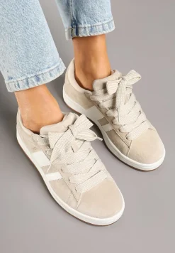 Beżowo-Białe Sneakersy Typu Kultowe Tenisówki Zdobione Paskami Nevellise