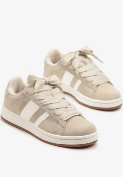 Beżowo-Białe Sneakersy Typu Kultowe Tenisówki Zdobione Paskami Nevellise