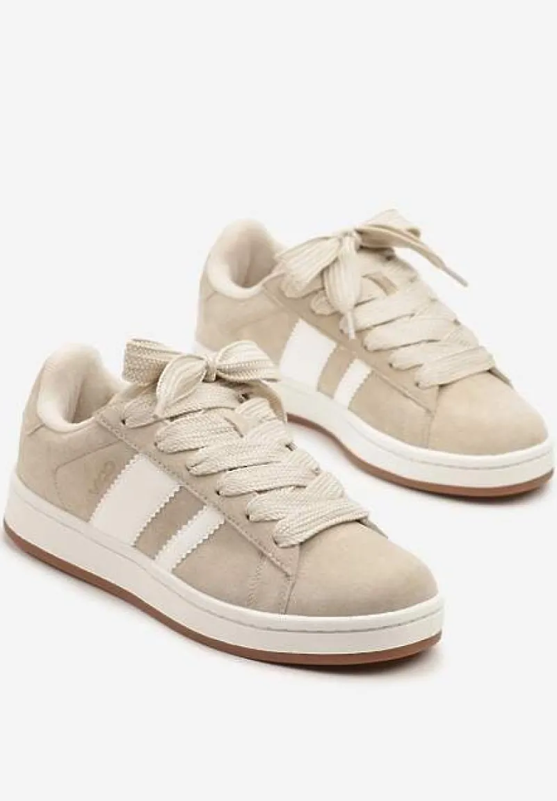 Beżowo-Białe Sneakersy Typu Kultowe Tenisówki Zdobione Paskami Nevellise
