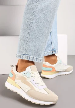 Beżowo-Białe Sznurowane Sneakersy z Materiałowymi Wstawkami Aneril