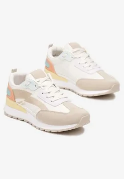 Beżowo-Białe Sznurowane Sneakersy z Materiałowymi Wstawkami Aneril