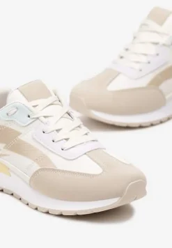 Beżowo-Białe Sznurowane Sneakersy z Materiałowymi Wstawkami Aneril