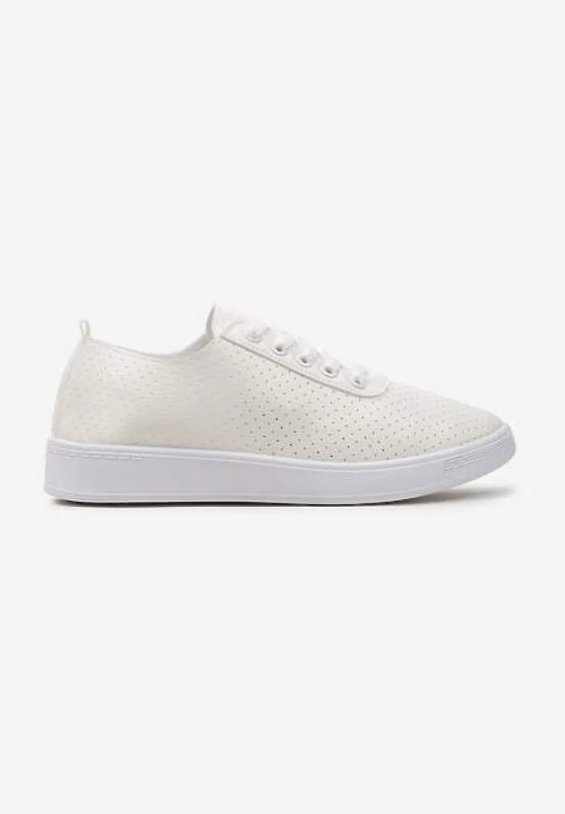 Beżowo-Białe Sznurowane Tenisówki z Ozdobną Taśmą na Tyle i Perforacją Kavinna