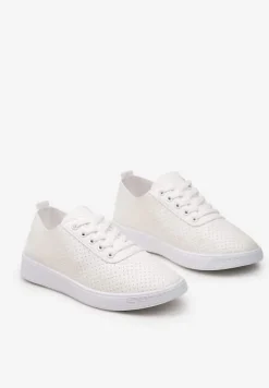 Beżowo-Białe Sznurowane Tenisówki z Ozdobną Taśmą na Tyle i Perforacją Kavinna