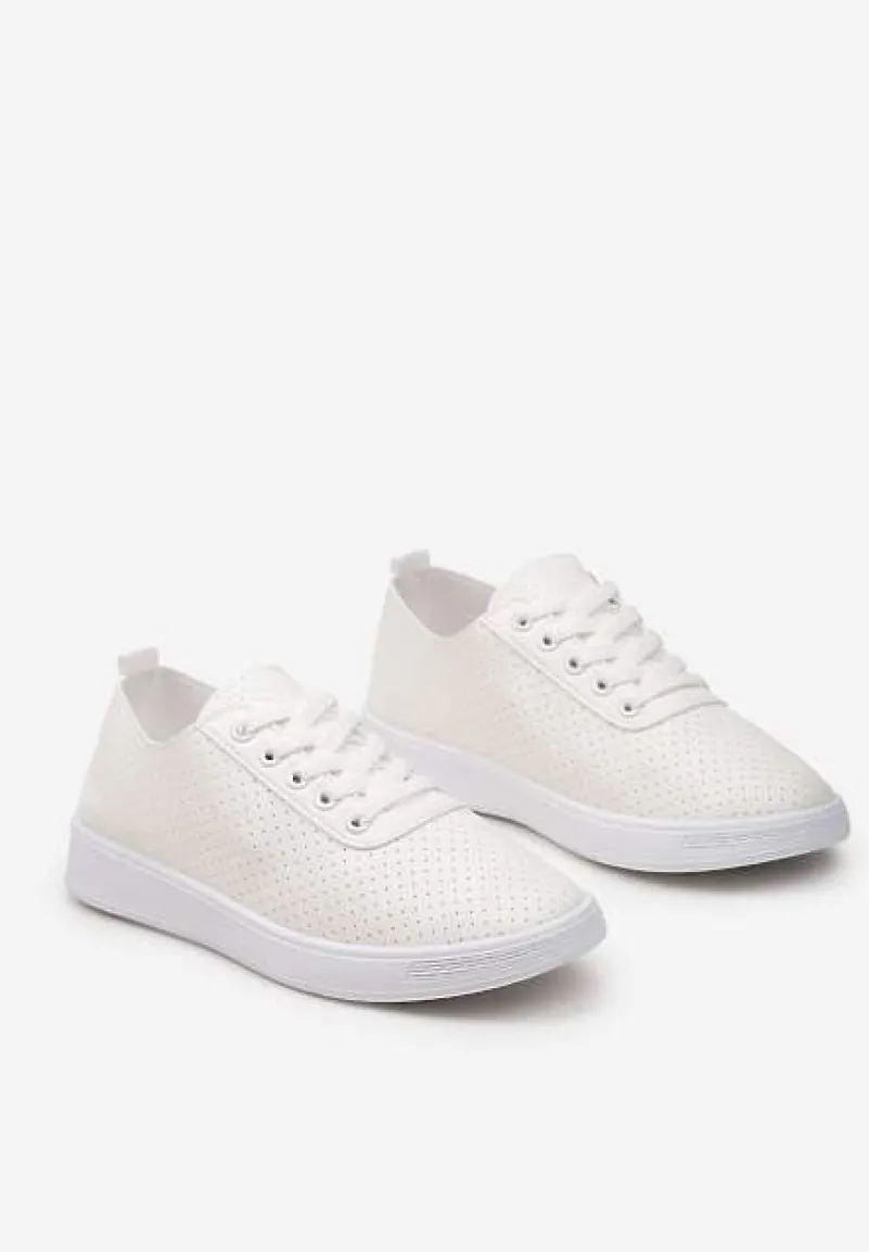 Beżowo-Białe Sznurowane Tenisówki z Ozdobną Taśmą na Tyle i Perforacją Kavinna