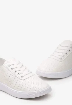 Beżowo-Białe Sznurowane Tenisówki z Ozdobną Taśmą na Tyle i Perforacją Kavinna