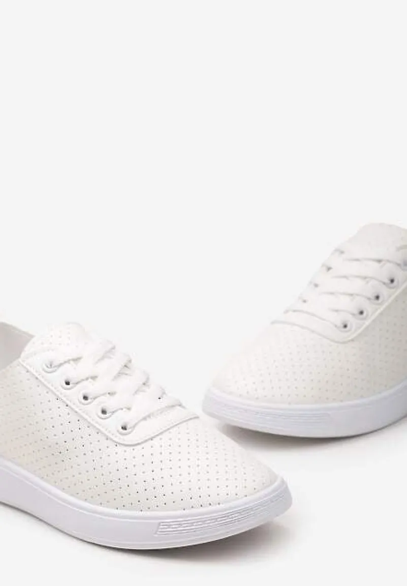 Beżowo-Białe Sznurowane Tenisówki z Ozdobną Taśmą na Tyle i Perforacją Kavinna