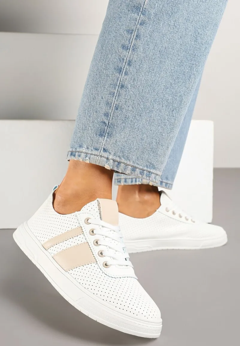 Beżowo-Białe Tenisówki Ozdobione Paskami Meloti