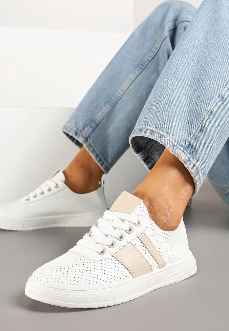 Beżowo-Białe Tenisówki Ozdobione Paskami Meloti