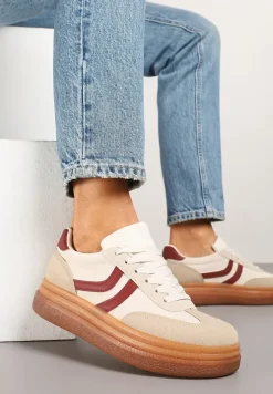 Beżowo-Bordowe Sneakersy Typu Kultowe Tenisówki na Niskiej Platformie Olritia