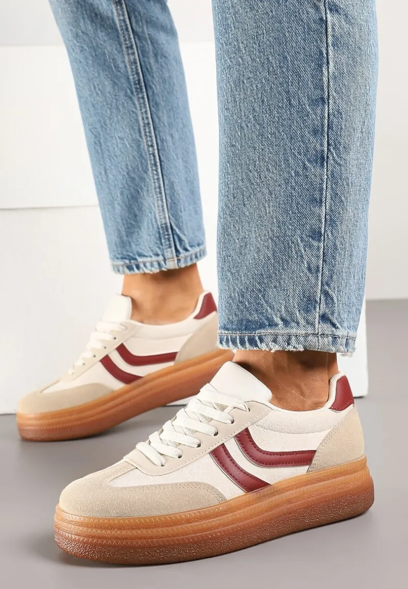 Beżowo-Bordowe Sneakersy Typu Kultowe Tenisówki na Niskiej Platformie Olritia