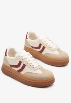 Beżowo-Bordowe Sneakersy Typu Kultowe Tenisówki na Niskiej Platformie Olritia