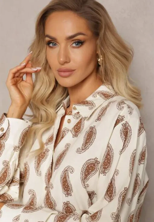 Beżowo-Brązowa Bawełniana Koszula z Drobnym Wzorem Paisley Kaisleigh