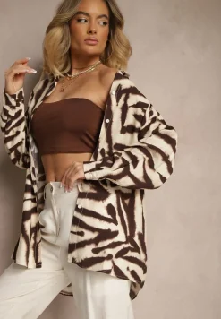 Beżowo-Brązowa Wiskozowa Koszula z Lnem w Print w Zebrę o Kroju Oversize Telonira