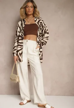 Beżowo-Brązowa Wiskozowa Koszula z Lnem w Print w Zebrę o Kroju Oversize Telonira