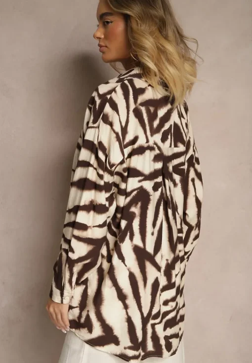 Beżowo-Brązowa Wiskozowa Koszula z Lnem w Print w Zebrę o Kroju Oversize Telonira