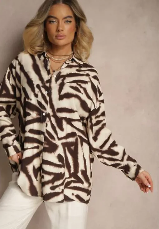 Beżowo-Brązowa Wiskozowa Koszula z Lnem w Print w Zebrę o Kroju Oversize Telonira