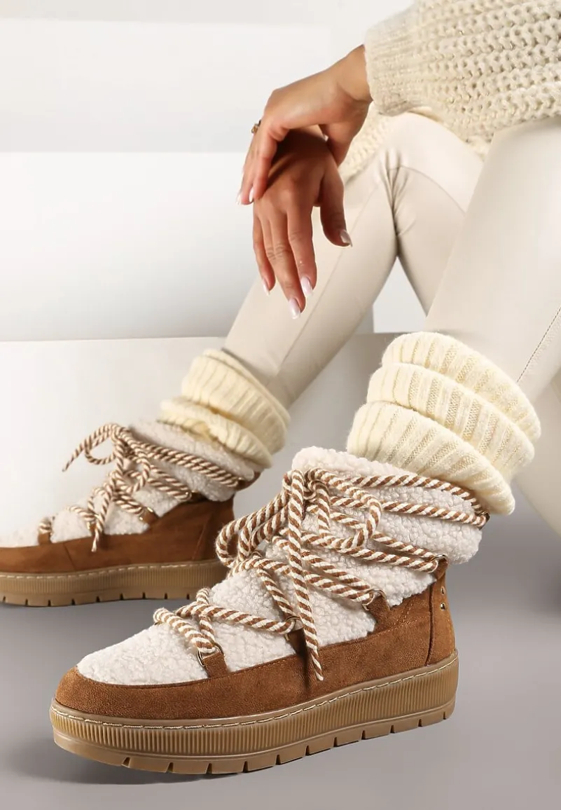 Beżowo-Brązowe Futrzane Śniegowce o Fakturze Typu Baranek z Ozdobnym Sznurowaniem Firedi