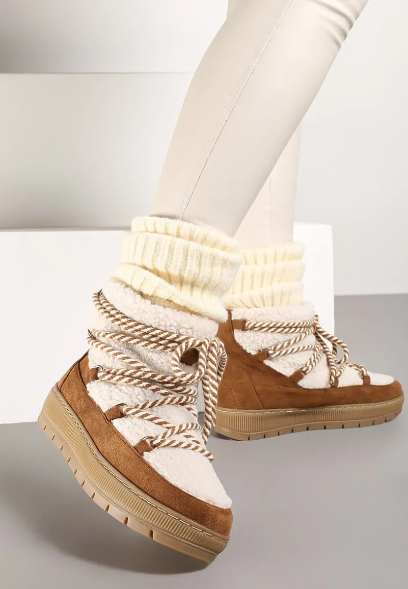 Beżowo-Brązowe Futrzane Śniegowce o Fakturze Typu Baranek z Ozdobnym Sznurowaniem Firedi