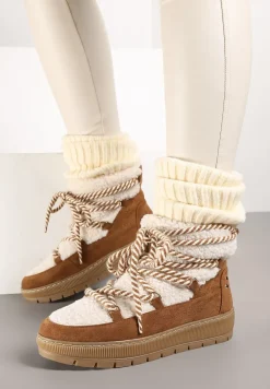 Beżowo-Brązowe Futrzane Śniegowce o Fakturze Typu Baranek z Ozdobnym Sznurowaniem Firedi