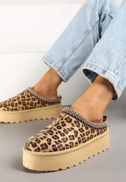 Beżowo-Brązowe Śniegowce na Platformie Ozdobione Haftem i Niską Cholewką w Panterkę Reanessa